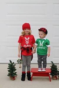 Reindeer antler shirt - Boy and Girl Christmas - sibling shirt - wear as shirt or matching pajama top - infant toddler and youth sizes